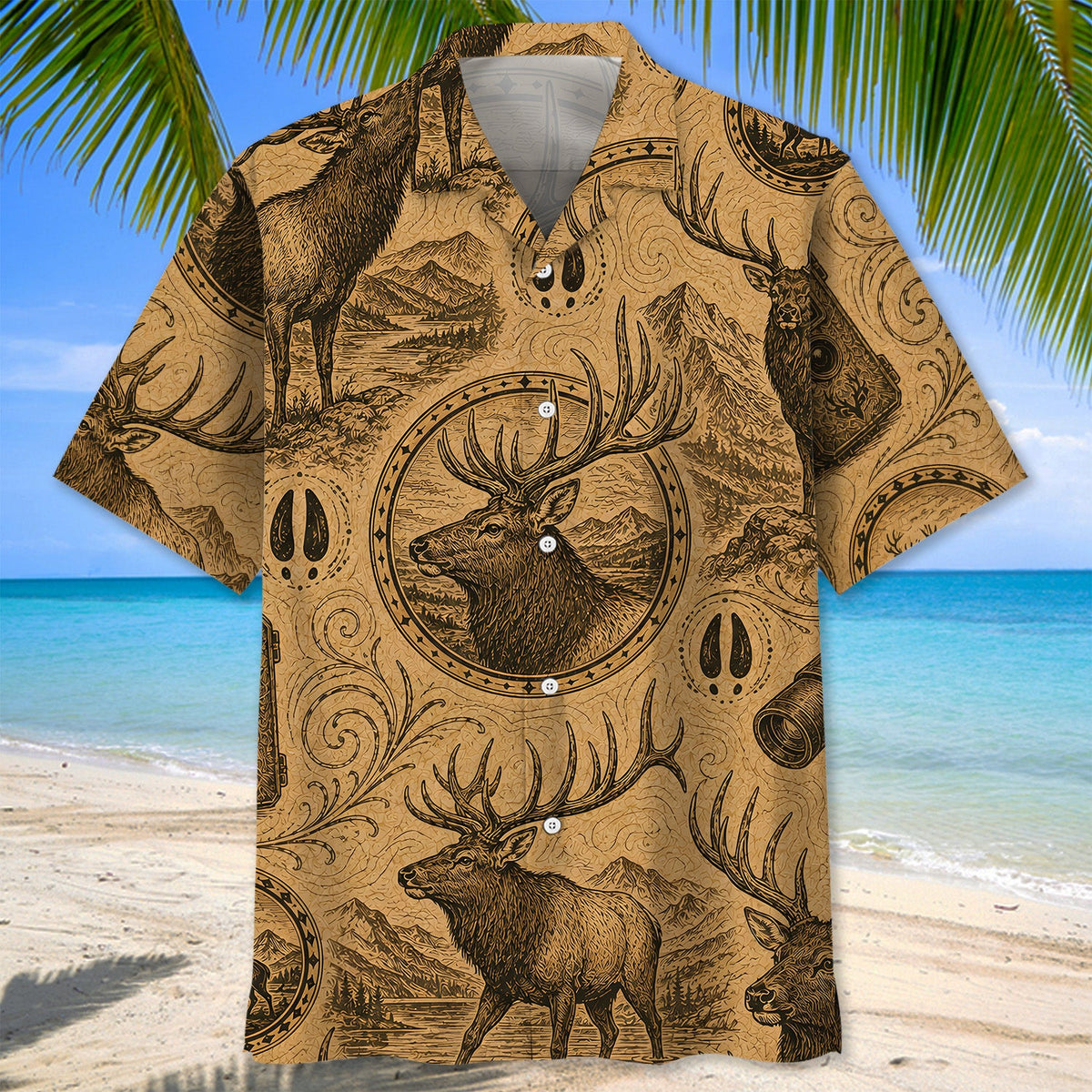 Vintage Deer Hunting Graphic Pattern Hawaiian Shirt Hunter Summer Shirt Husband Gifts