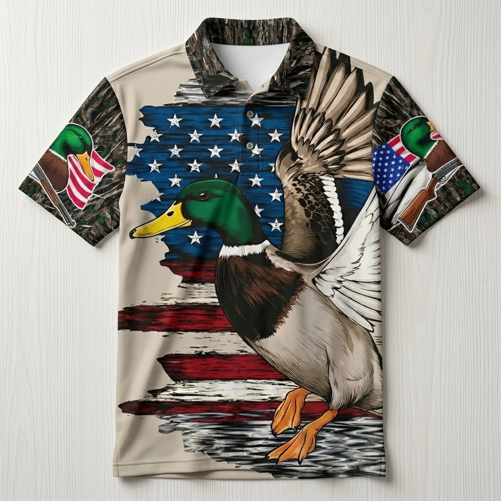 Patriotic American Flag Mallard Duck Polo Shirt Hunting Season Outfit Hunters Gift Ideas