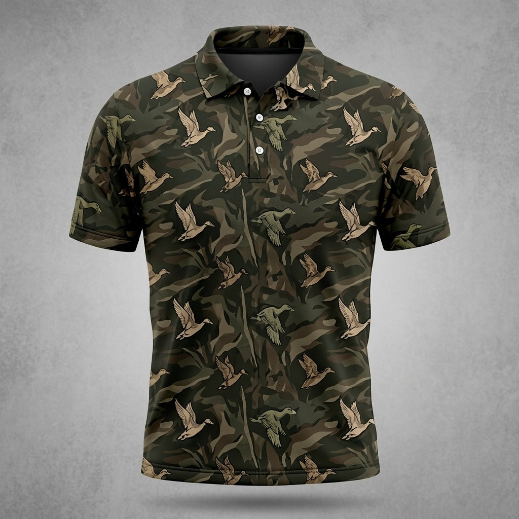 Flying Duck Woodland Camo Polo Shirt Duck Hunting Polo Shirt Hunting Lovers Gifts