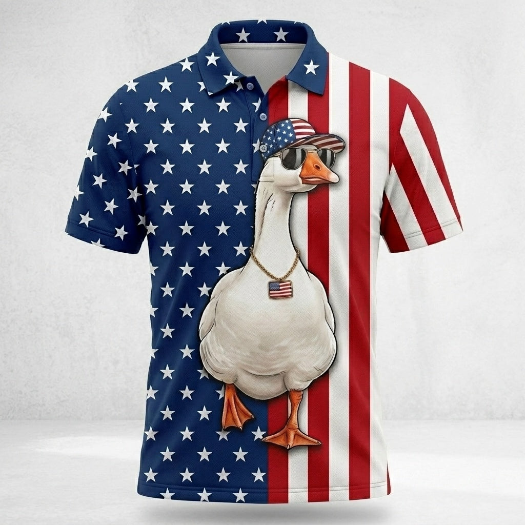 American Flag Patriotic Goose Polo Shirt Hunting Season Outfit Hunting Gifts For Dad