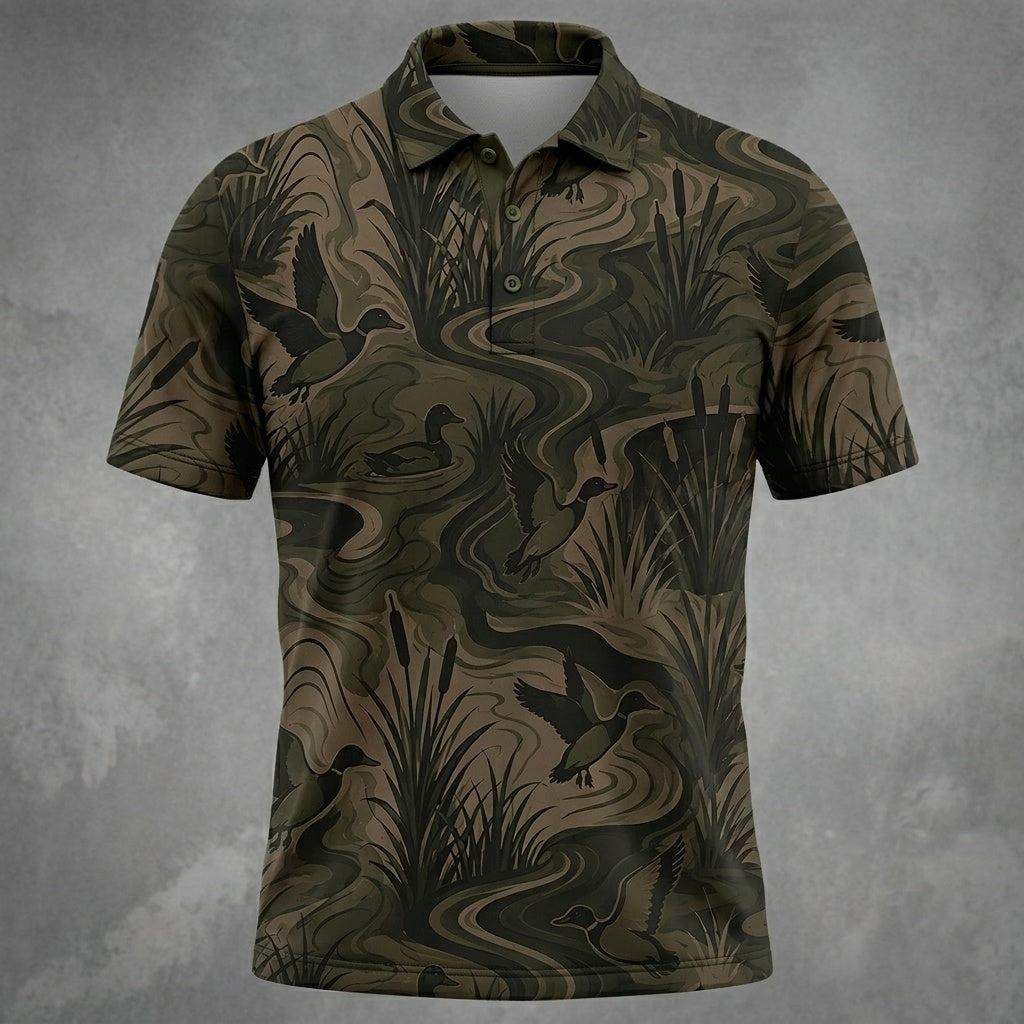 Swirling Marsh Flying Duck Polo Shirt Duck Hunting Season Polo Shirt Gifts For Hunters