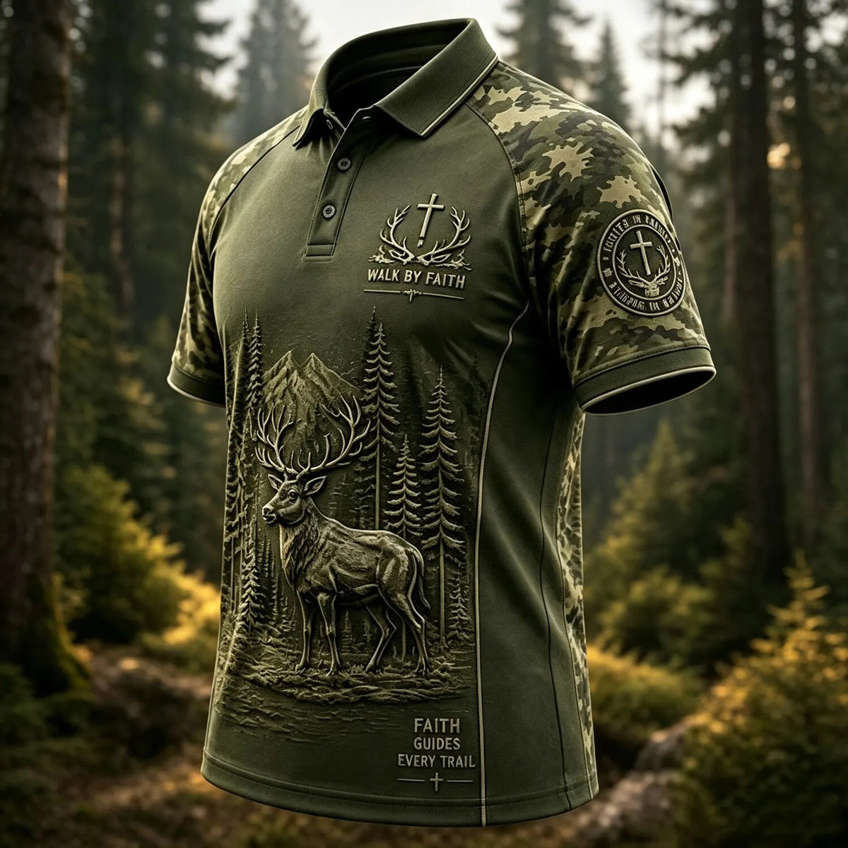 Walk By Faith Deer Camo Polo Shirt Christian Faith Clothing Religious Gifts For Dad