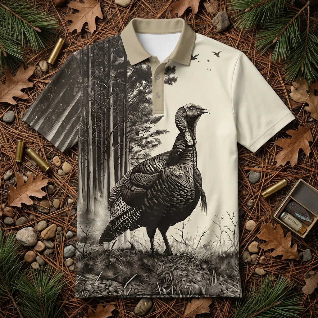 Wild Turkey Forest Scene Polo Shirt Hunting Season Clothing Hunting Gifts For Hunters