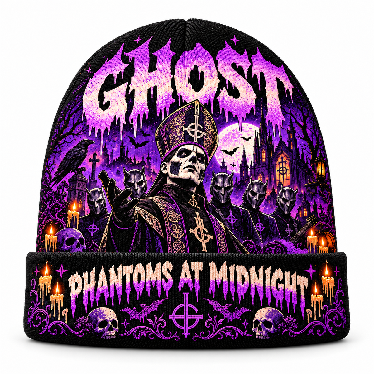 Ghost Papa Emeritus Graphic Print Knit Beanie for Midnight Phantom Halloween Rituals NDN 1