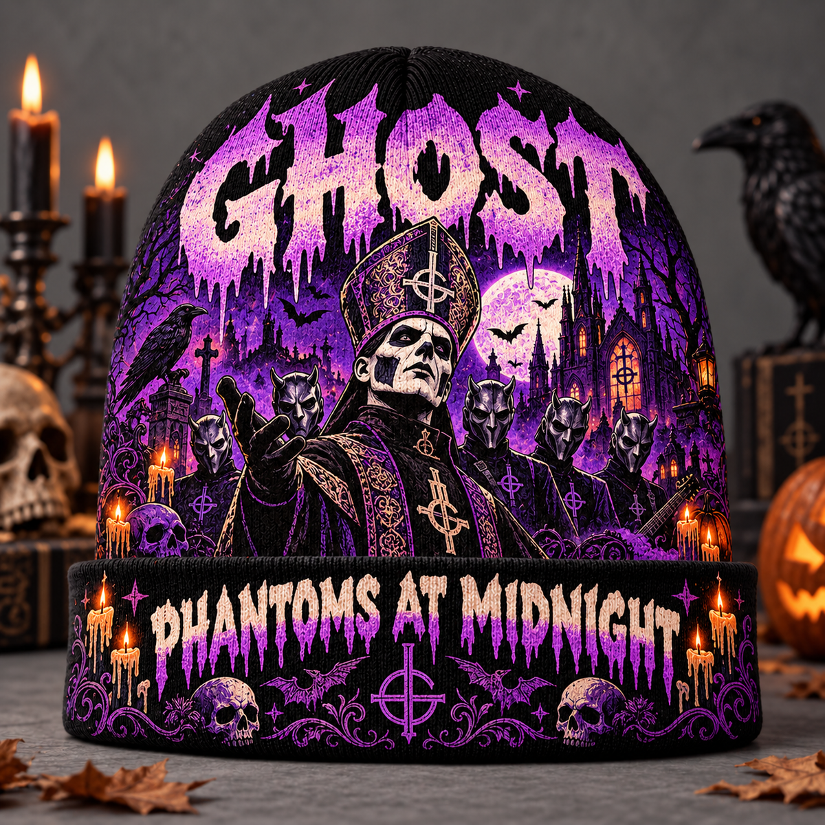 Ghost Papa Emeritus Graphic Print Knit Beanie for Midnight Phantom Halloween Rituals NDN 2