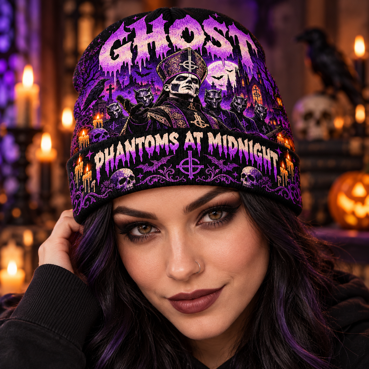 Ghost Papa Emeritus Graphic Print Knit Beanie for Midnight Phantom Halloween Rituals NDN 3