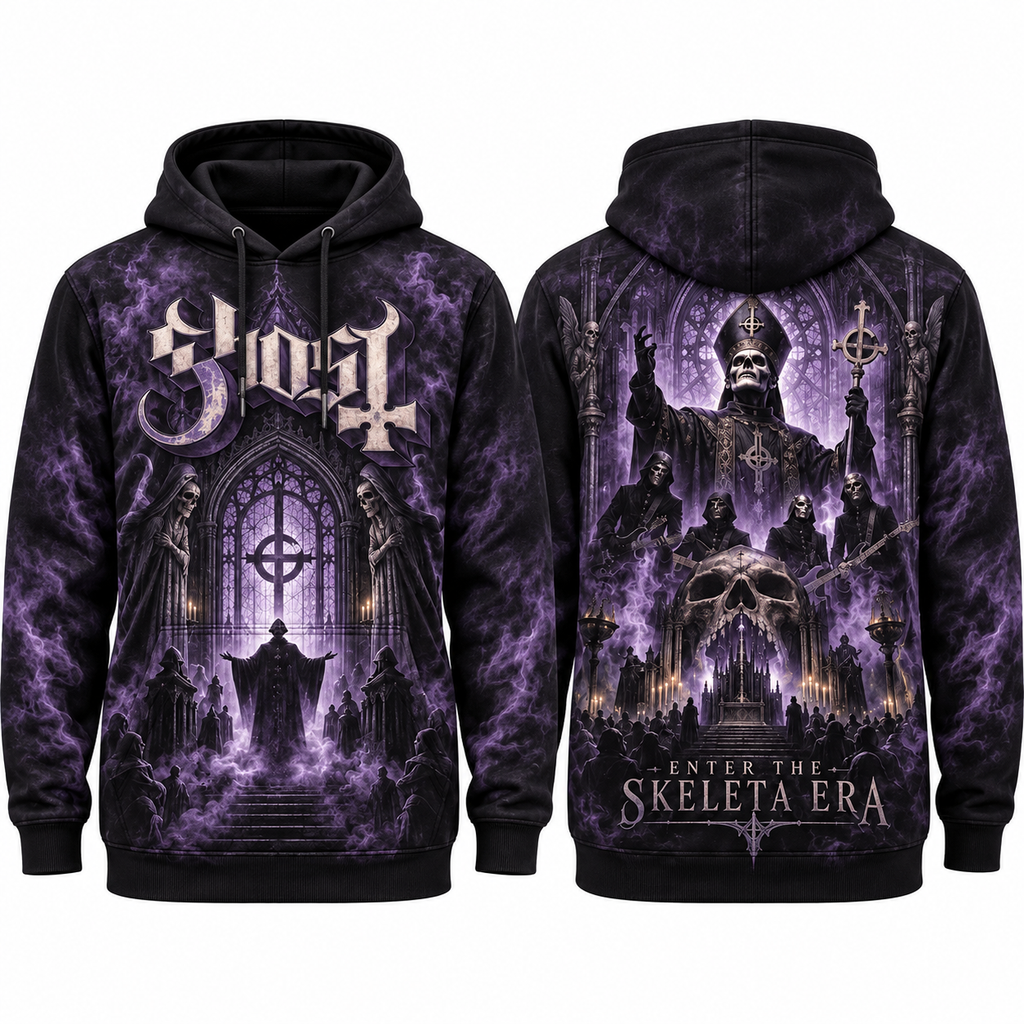 Ghost Purple Cathedral Skeleta Era Papa Under The Moon Hoodie for Occult Rock Fans NDN 1