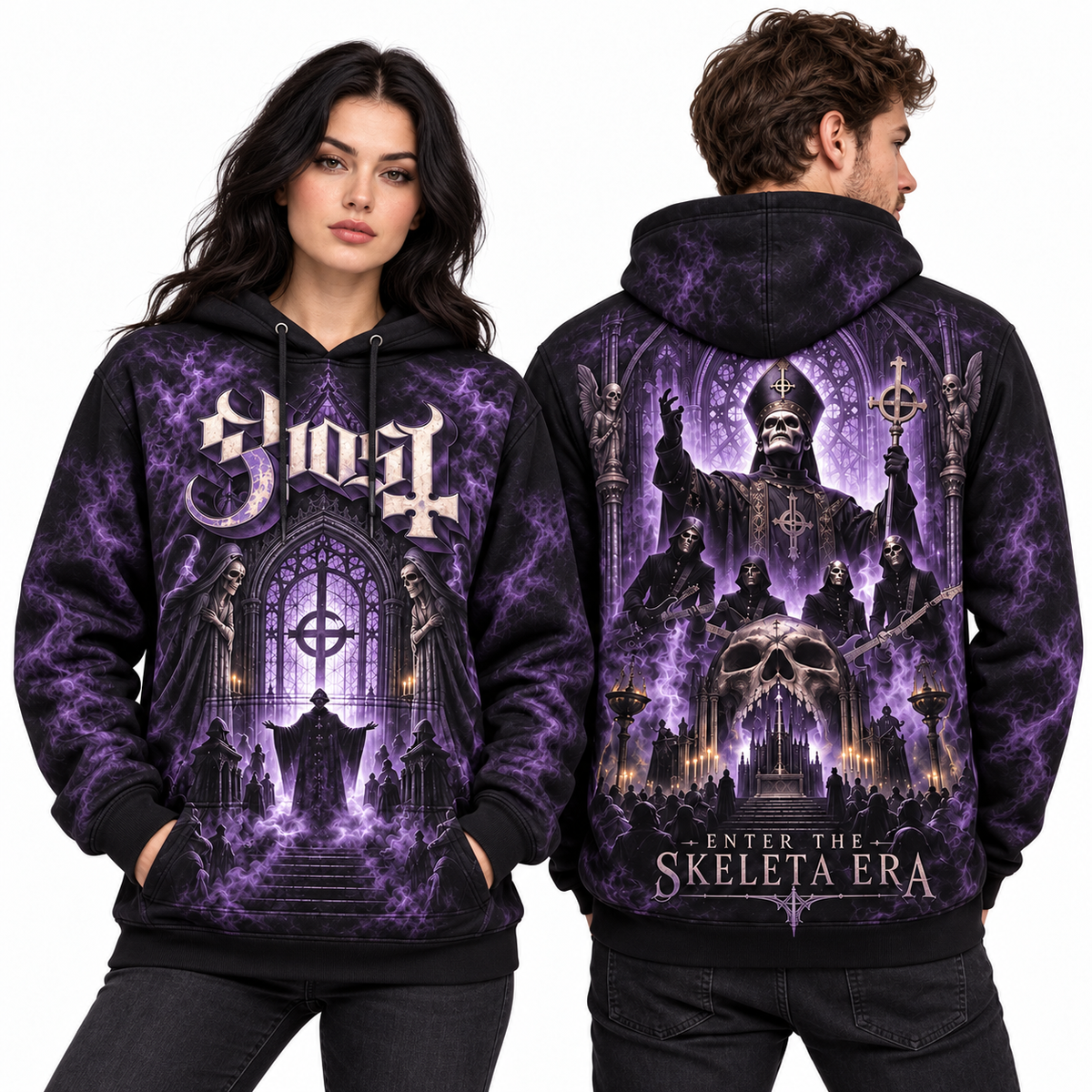 Ghost Purple Cathedral Skeleta Era Papa Under The Moon Hoodie for Occult Rock Fans NDN 2
