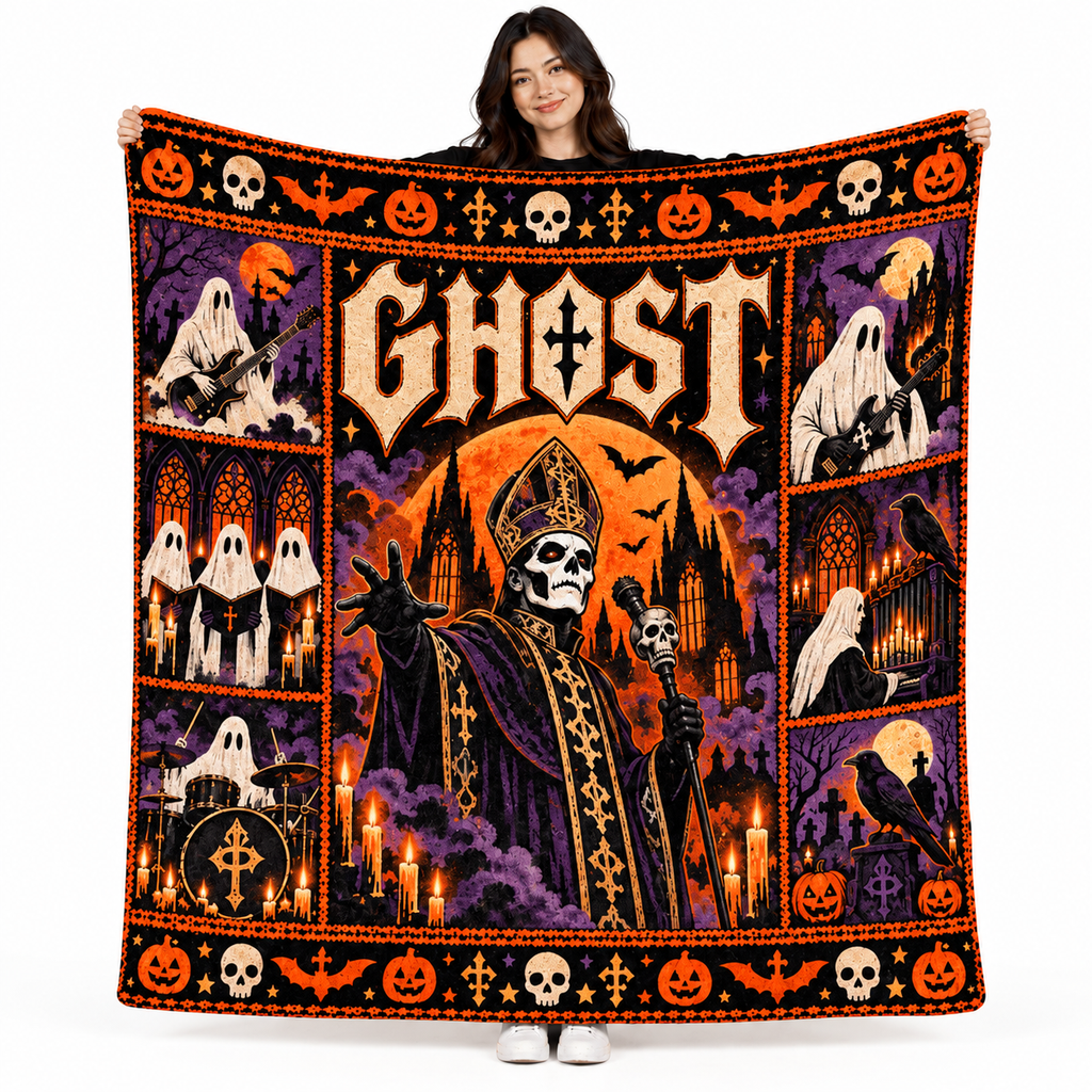 Ghost Purple Mitred Skull Figure Fleece Blanket For Gothic Halloween Ritual Nights NDN 1