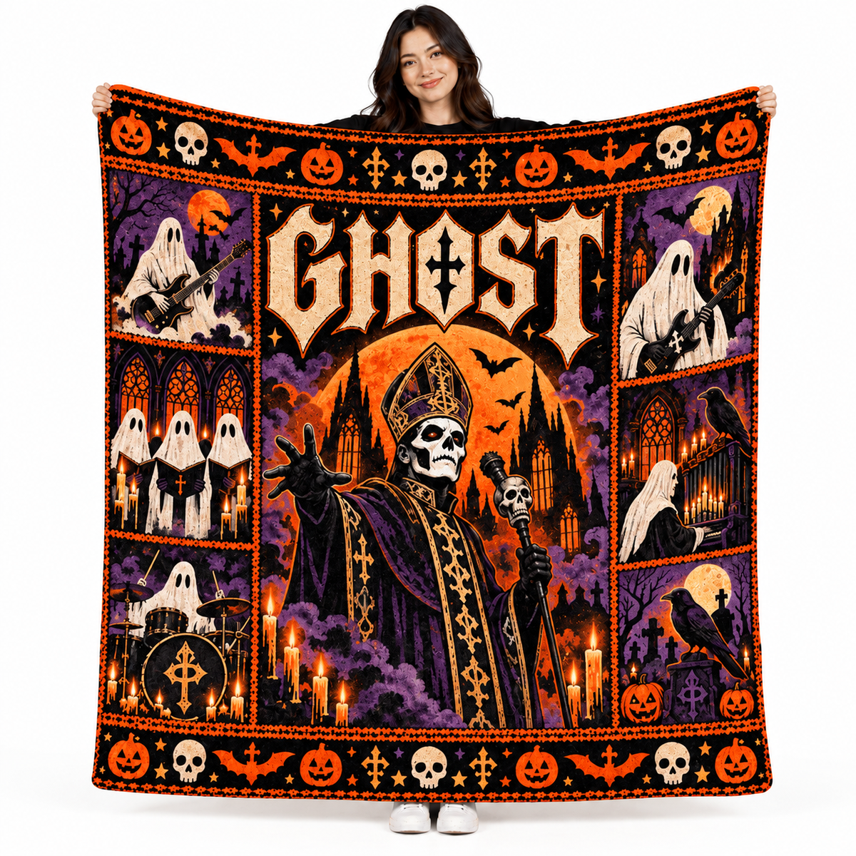 Ghost Purple Mitred Skull Figure Fleece Blanket For Gothic Halloween Ritual Nights NDN 1