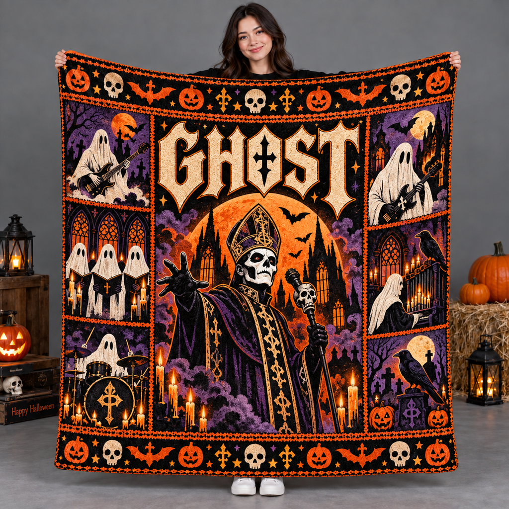 Ghost Purple Mitred Skull Figure Fleece Blanket For Gothic Halloween Ritual Nights NDN 2