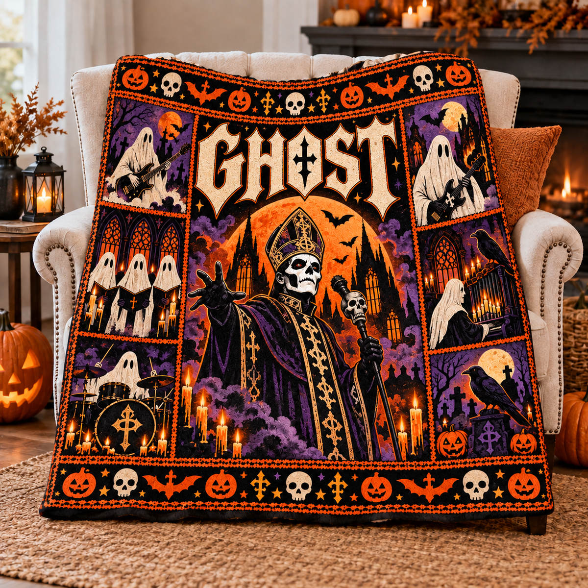 Ghost Purple Mitred Skull Figure Fleece Blanket For Gothic Halloween Ritual Nights NDN 3
