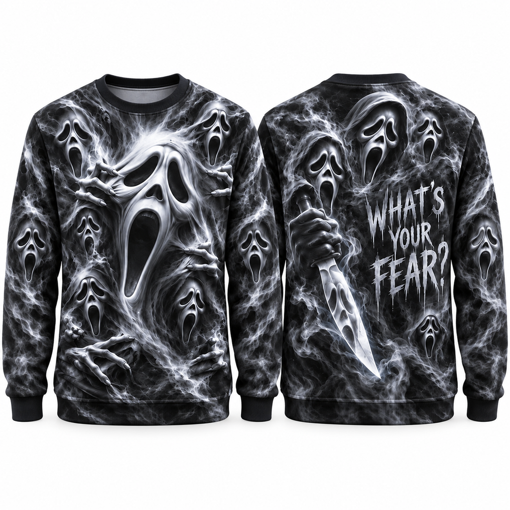 Ghostface Mask Knife Smoke What's Your Fear Black Sweater for Scream Night Fans NDN 1