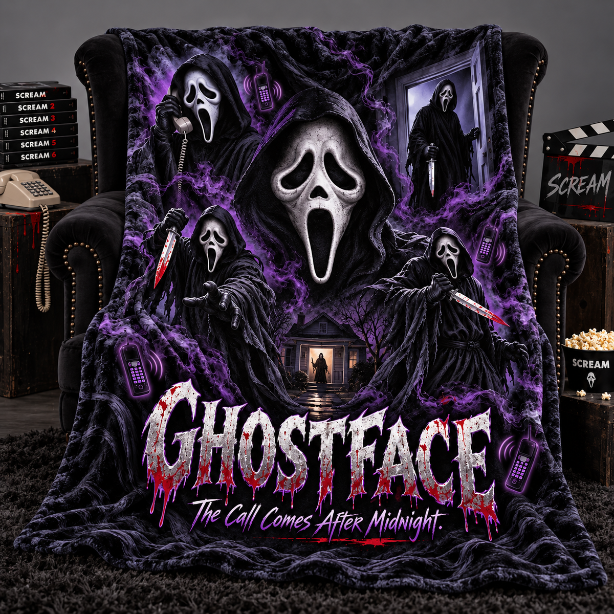 Ghostface Purple Smoke And Mask Collage Fleece Blanket For Midnight Horror Movie Nights NDN 2