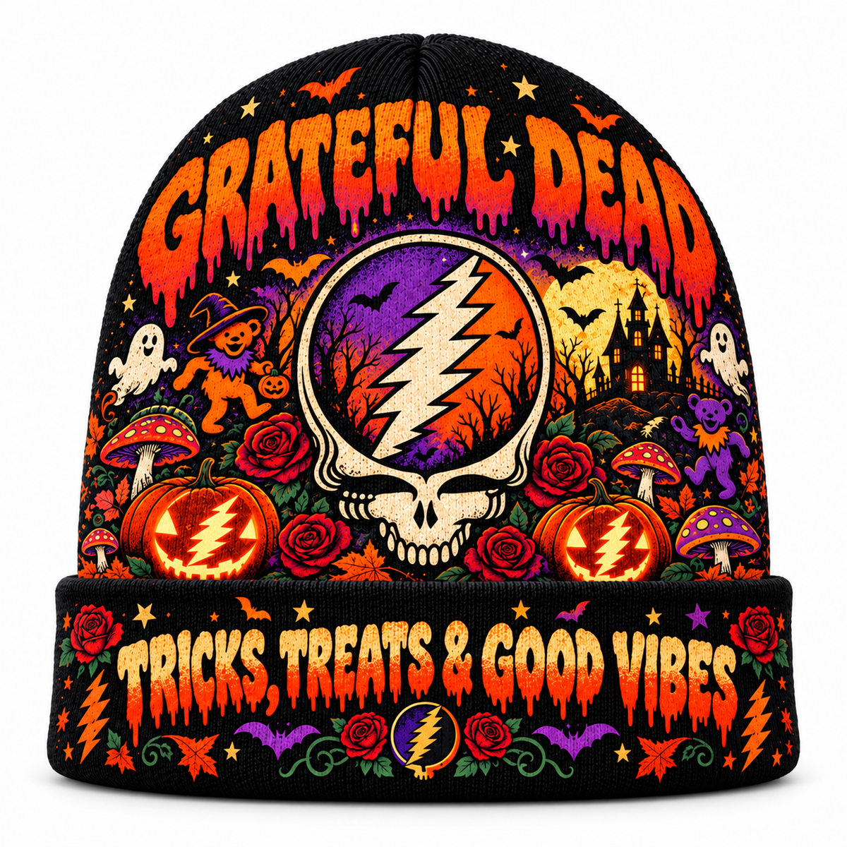 Grateful Dead Steal Your Face Graphic Print Knit Beanie for Halloween Good Vibes NDN 1