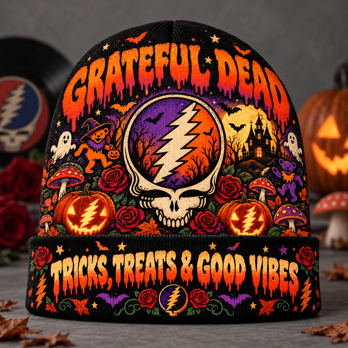 Grateful Dead Steal Your Face Graphic Print Knit Beanie for Halloween Good Vibes NDN 3