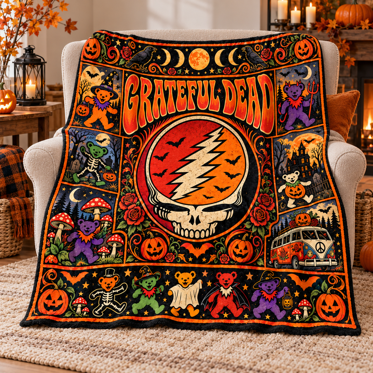 Grateful Dead Steal Your Face Skull Fleece Blanket For Halloween Night Vibes NDN 2
