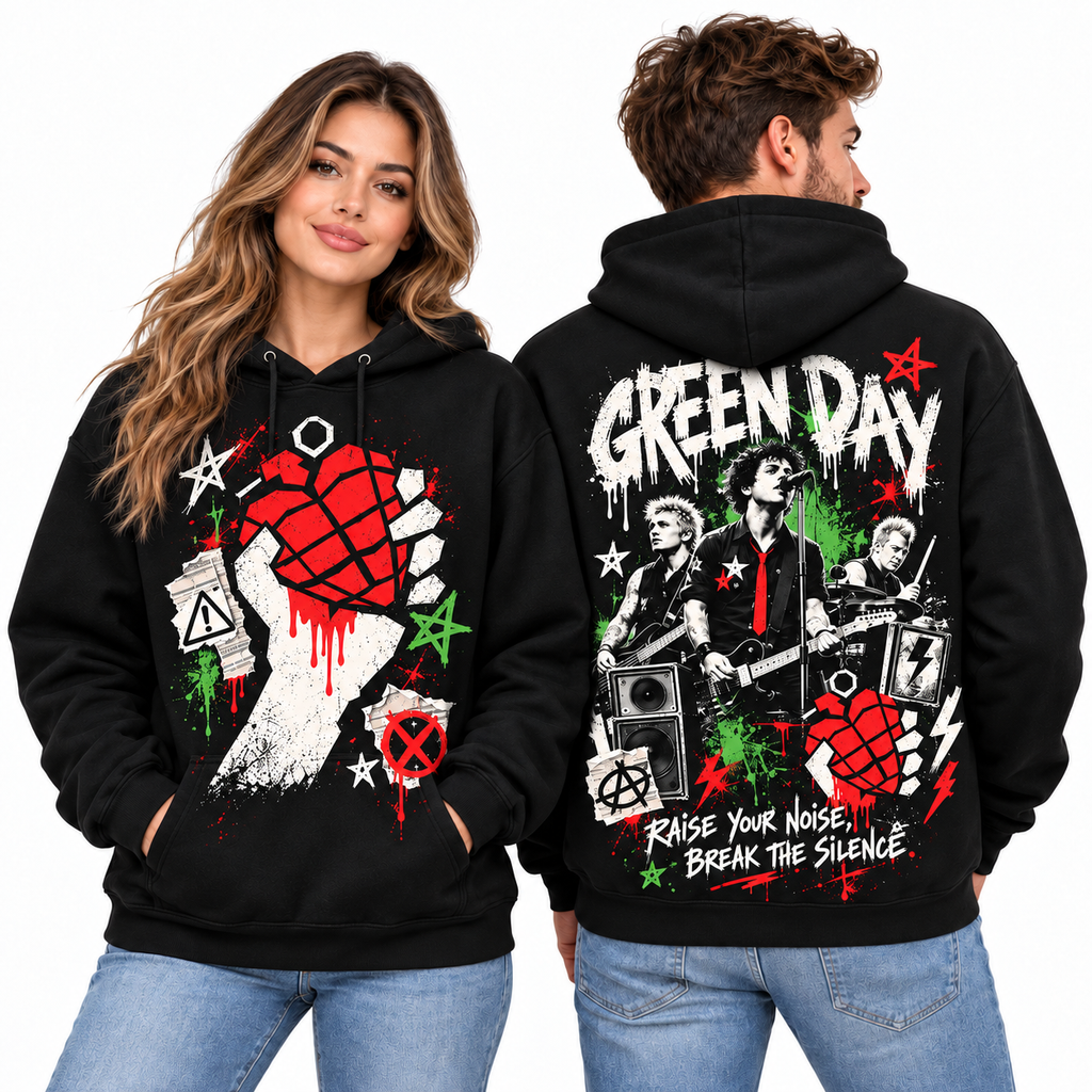 Green Day Red Heart Grenade Characters Know Your Enemy Hoodie for Punk Rock Night Fans NDN 2