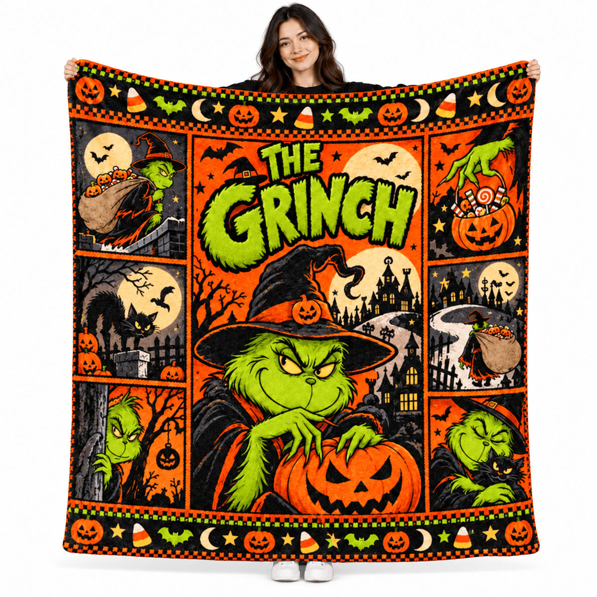 Grinch Green Face Pumpkin Witch Hat Fleece Blanket For Halloween Movie Nights NDN 1