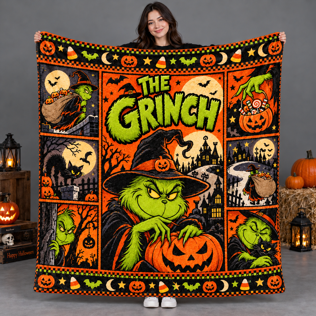 Grinch Green Face Pumpkin Witch Hat Fleece Blanket For Halloween Movie Nights NDN 2