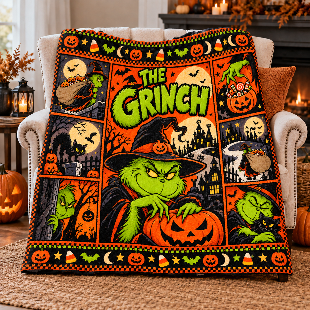 Grinch Green Face Pumpkin Witch Hat Fleece Blanket For Halloween Movie Nights NDN 3