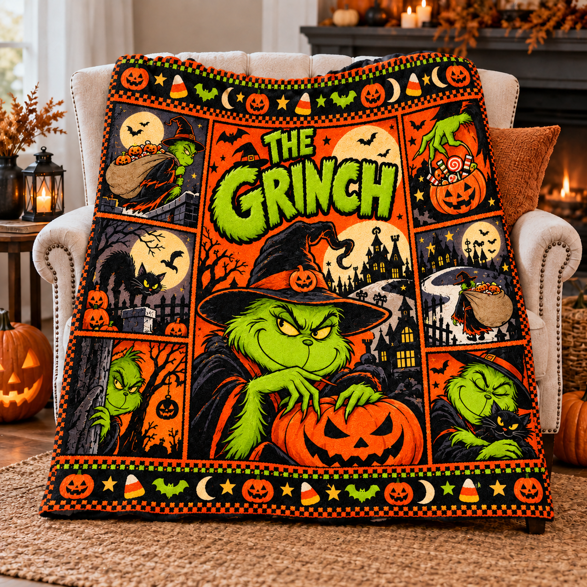 Grinch Green Face Pumpkin Witch Hat Fleece Blanket For Halloween Movie Nights NDN 3