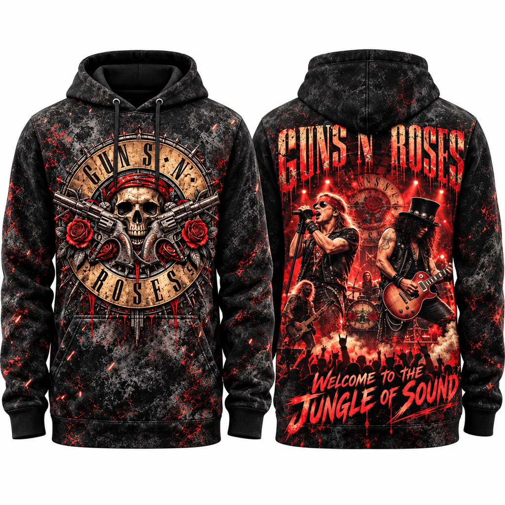 Guns N Roses Circle Skull Roses Welcome To Jungle Of Sound Hoodie for Classic Hard Rock Fans NDN 1