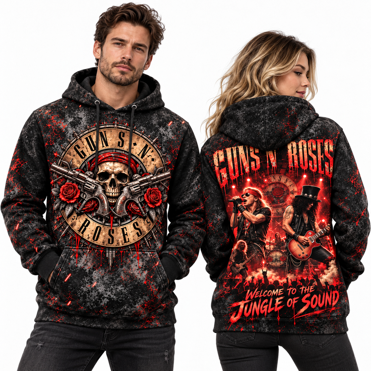 Guns N Roses Circle Skull Roses Welcome To Jungle Of Sound Hoodie for Classic Hard Rock Fans NDN 2