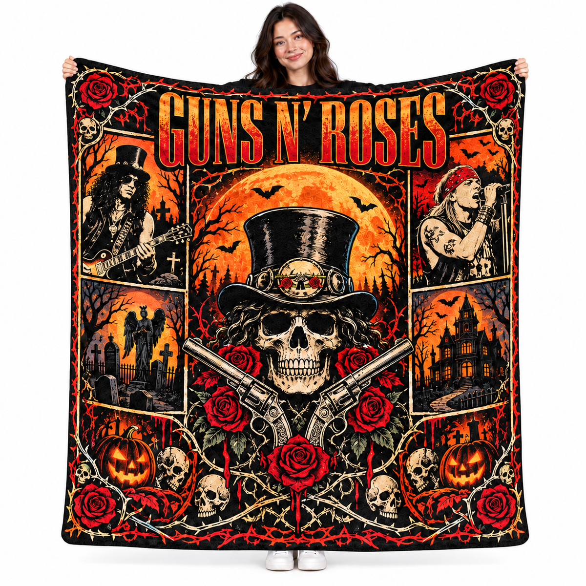 Guns N' Roses Top Hat Skull And Roses Fleece Blanket For Halloween Rock Nights NDN 1