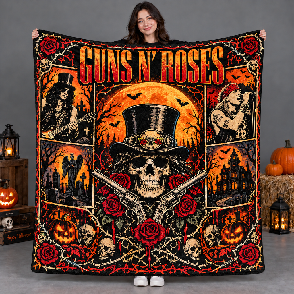 Guns N' Roses Top Hat Skull And Roses Fleece Blanket For Halloween Rock Nights NDN 2