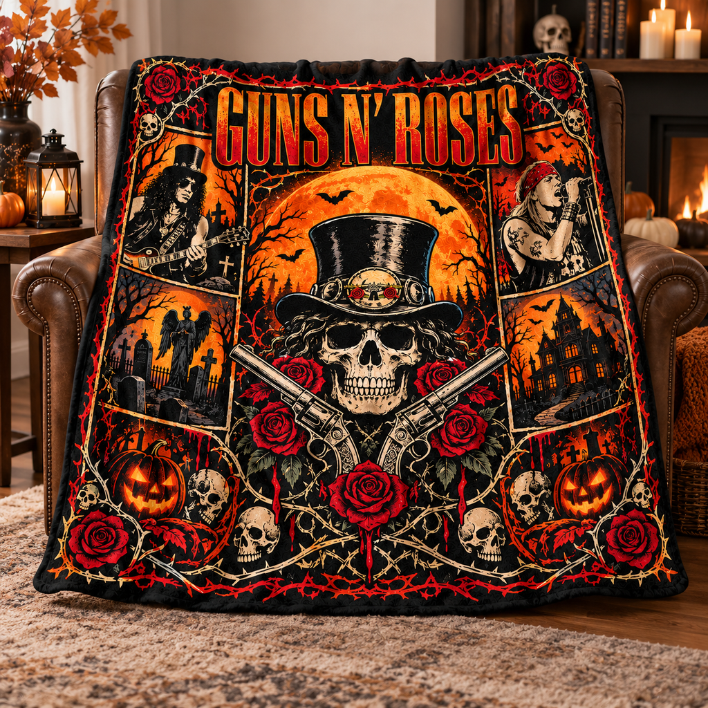 Guns N' Roses Top Hat Skull And Roses Fleece Blanket For Halloween Rock Nights NDN 3