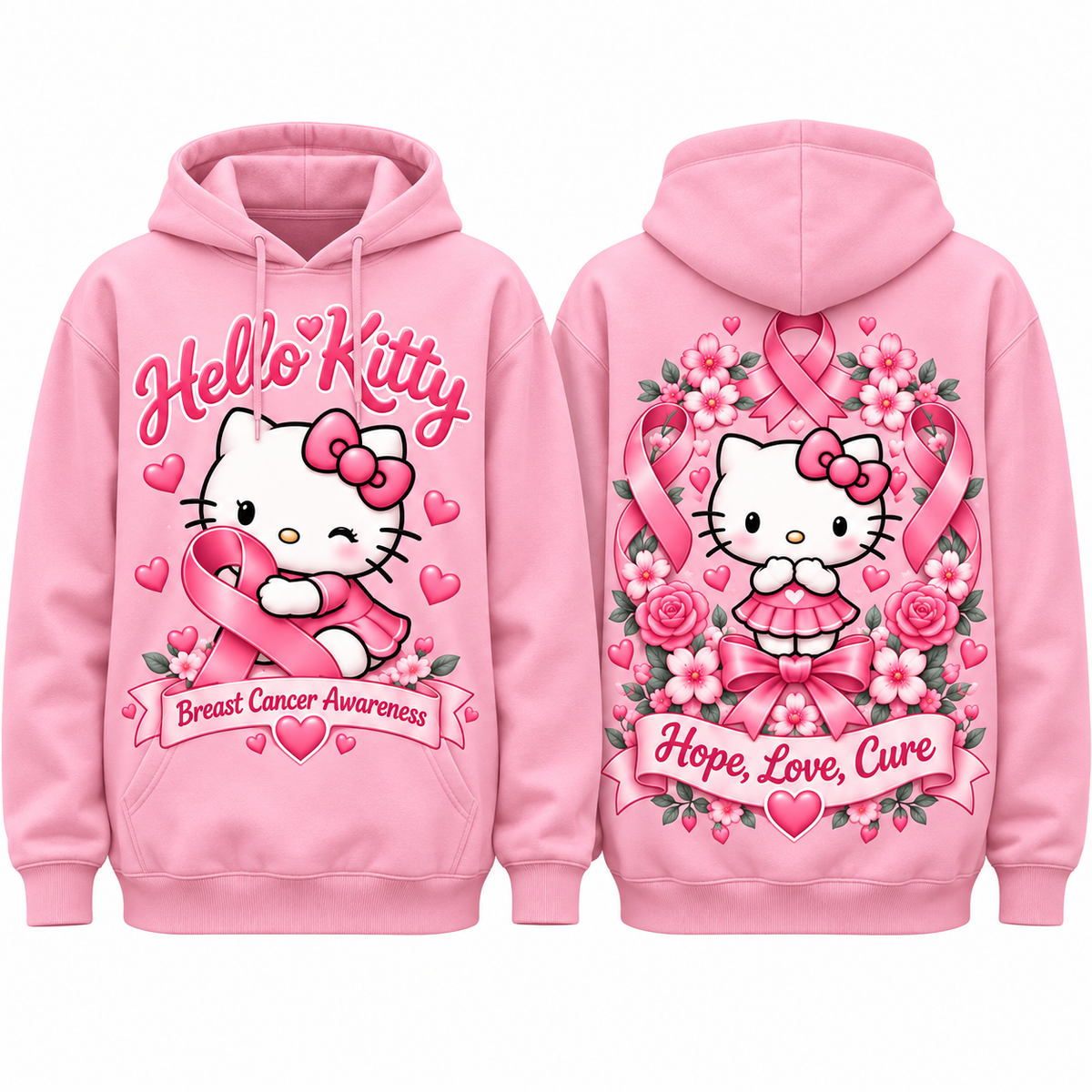 Hello Kitty Breast Cancer Awareness Ribbon Hope Love Care Hoodie for Ribbon Awareness Fans NDN 1