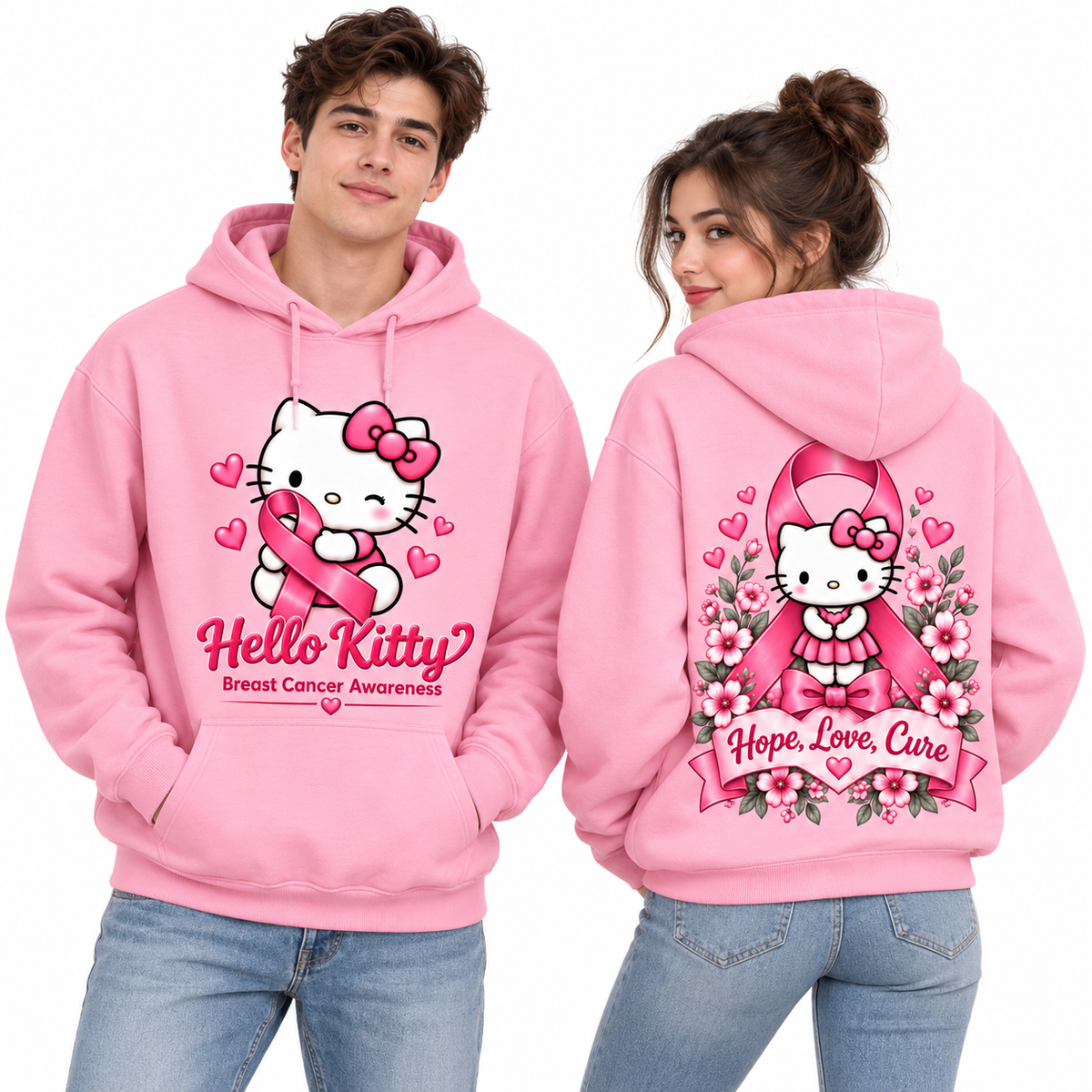 Hello Kitty Breast Cancer Awareness Ribbon Hope Love Care Hoodie for Ribbon Awareness Fans NDN 2