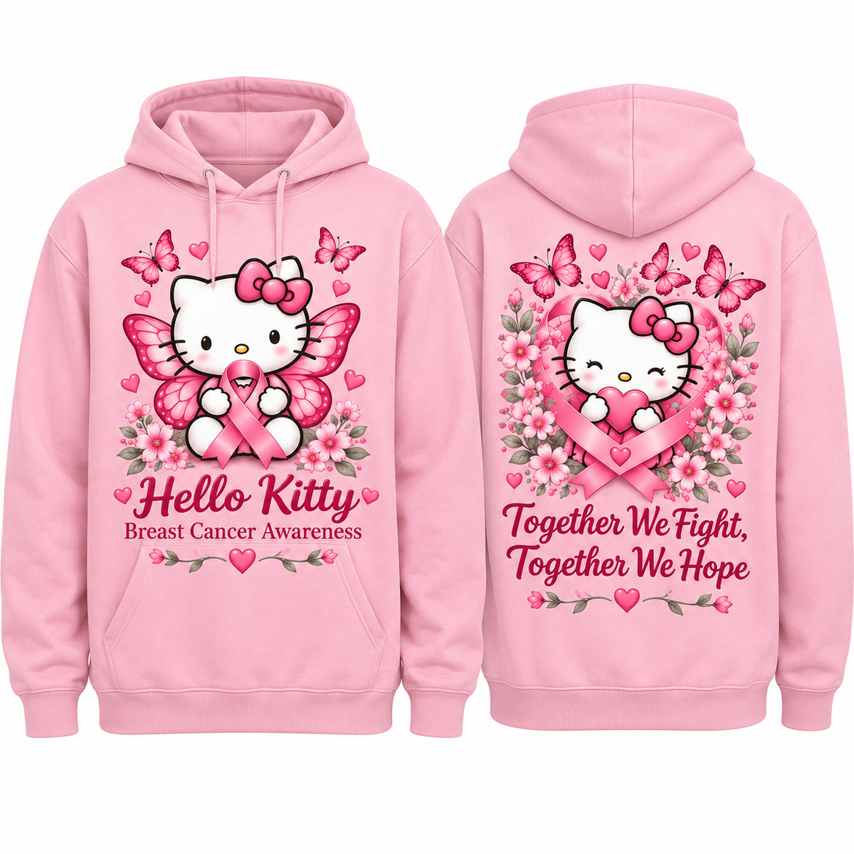 Hello Kitty Hearts Breast Cancer Awareness Together We Fight We Hope Hoodie for Pink Awareness Fans NDN 1