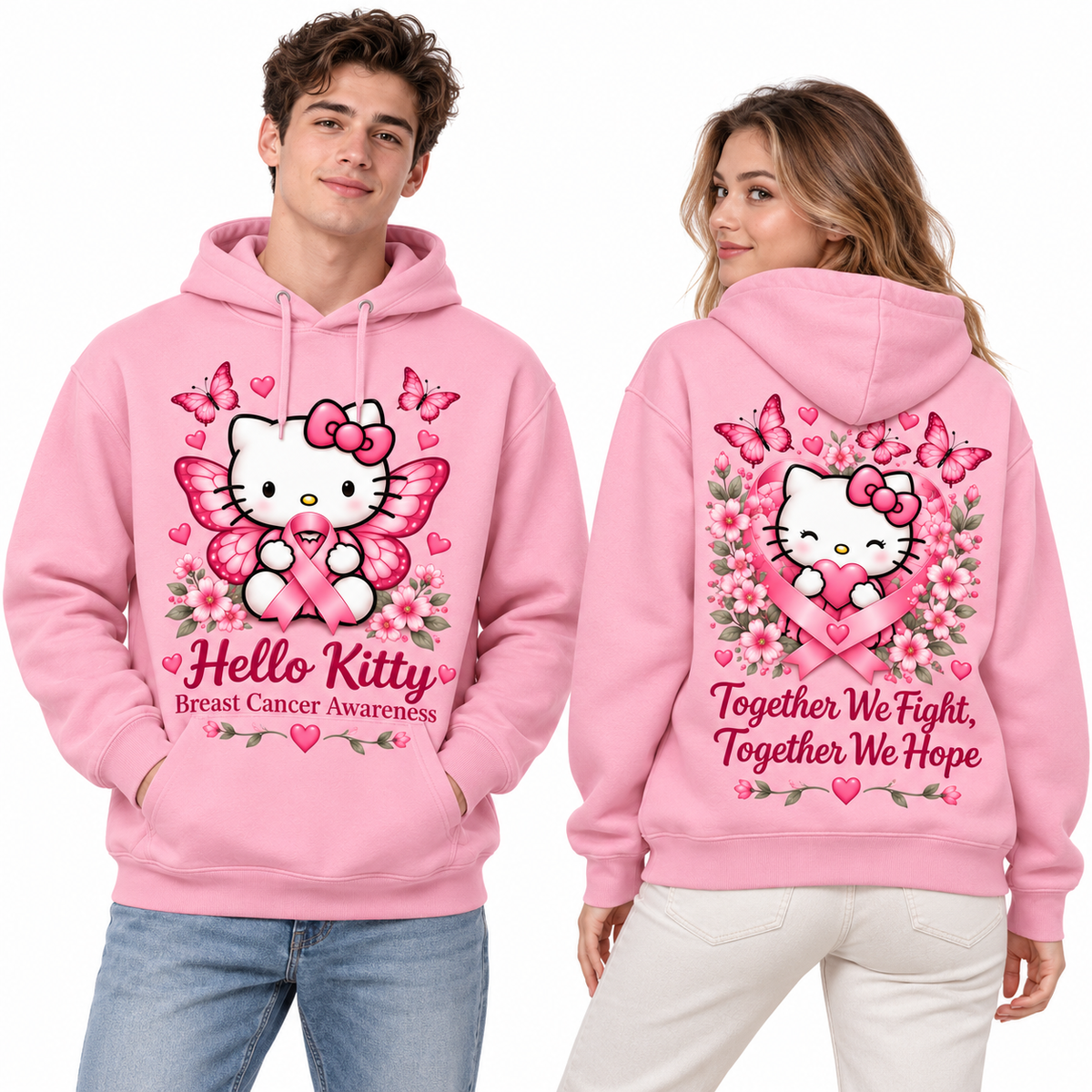 Hello Kitty Hearts Breast Cancer Awareness Together We Fight We Hope Hoodie for Pink Awareness Fans NDN 2