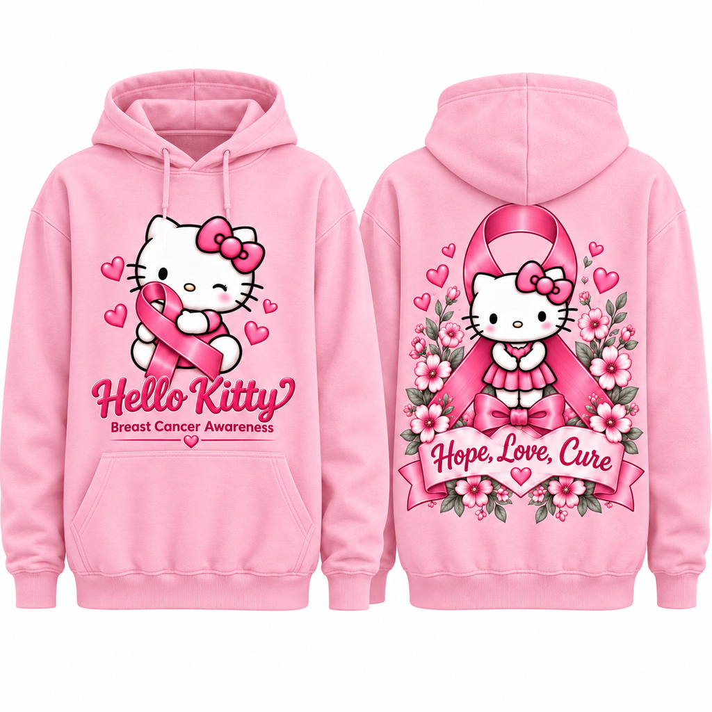 Hello Kitty Hearts Hope Love Care Pink Wig Roses Hoodie for Pink Awareness Fans NDN 1
