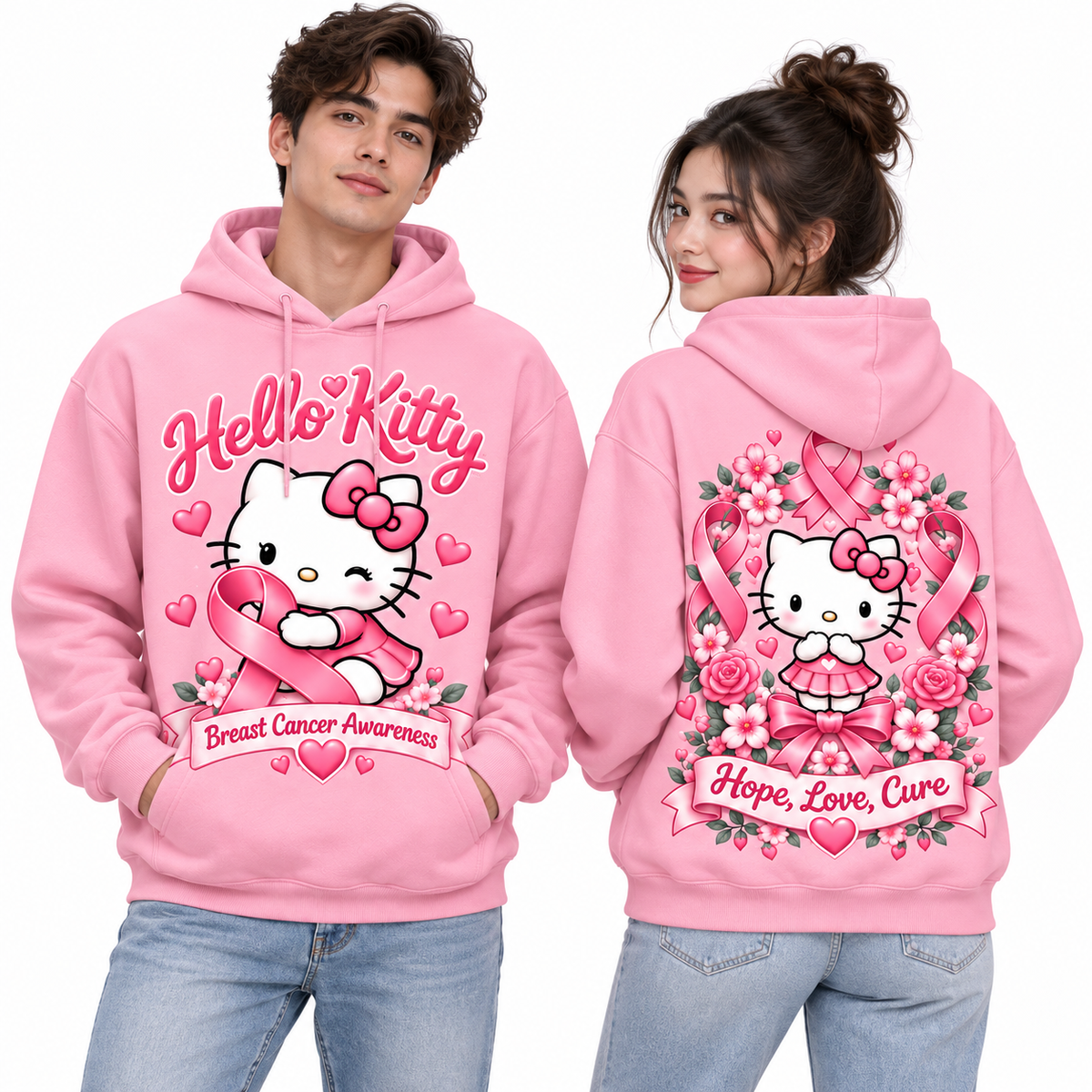Hello Kitty Hearts Hope Love Care Pink Wig Roses Hoodie for Pink Awareness Fans NDN 2