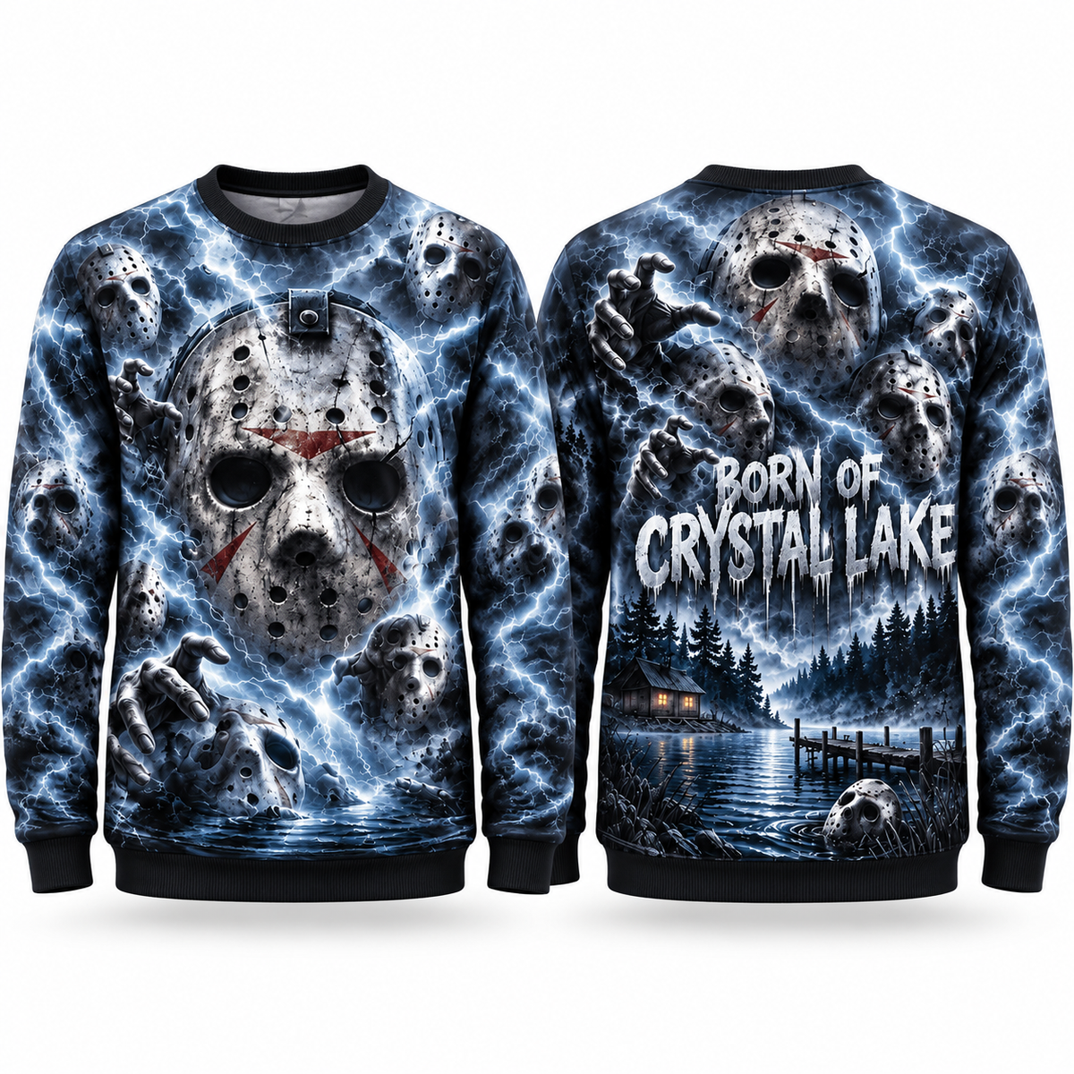 Jason Hockey Mask Lightning Born Of Crystal Lake Sweater for Camp Horror Fans NDN 1