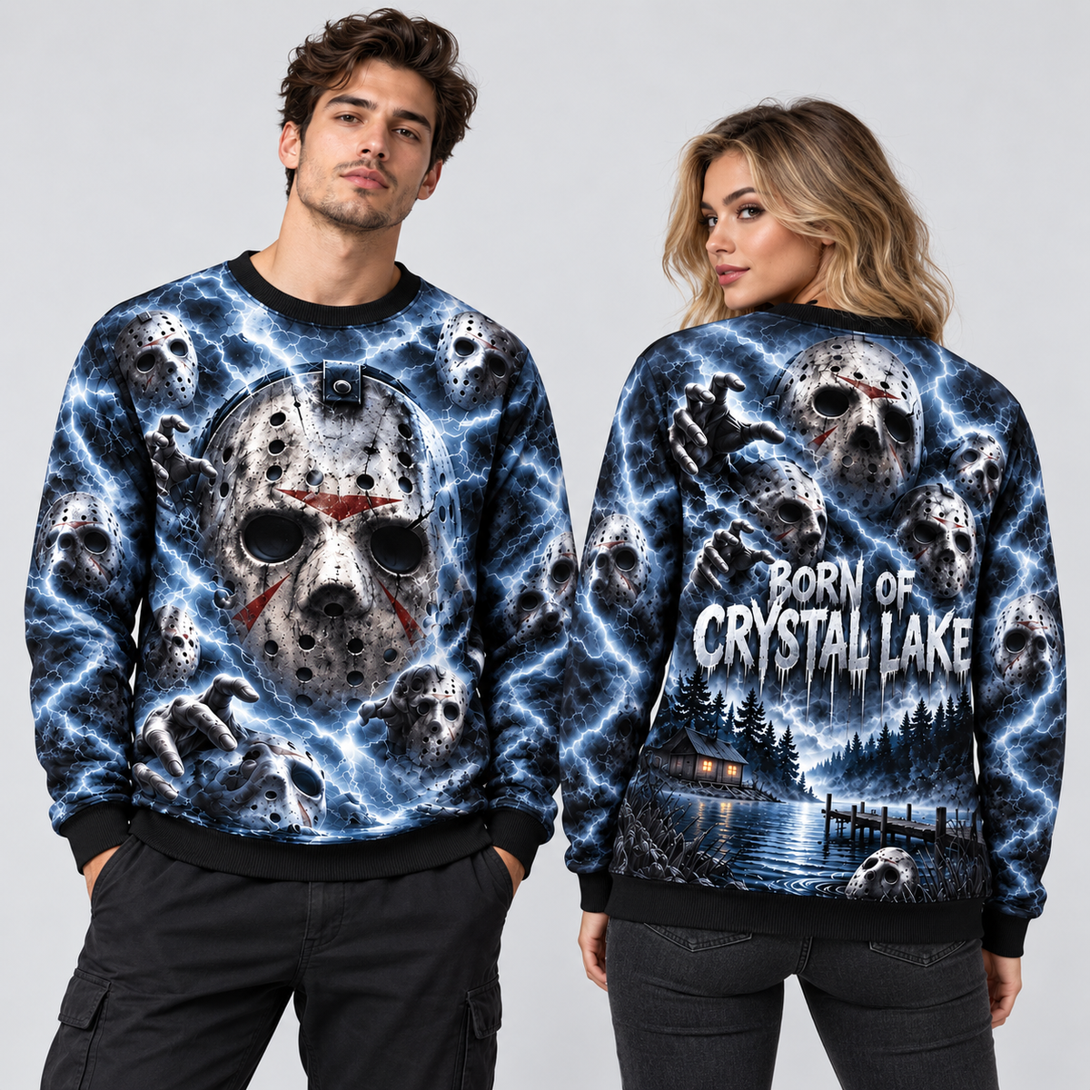 Jason Hockey Mask Lightning Born Of Crystal Lake Sweater for Camp Horror Fans NDN 2