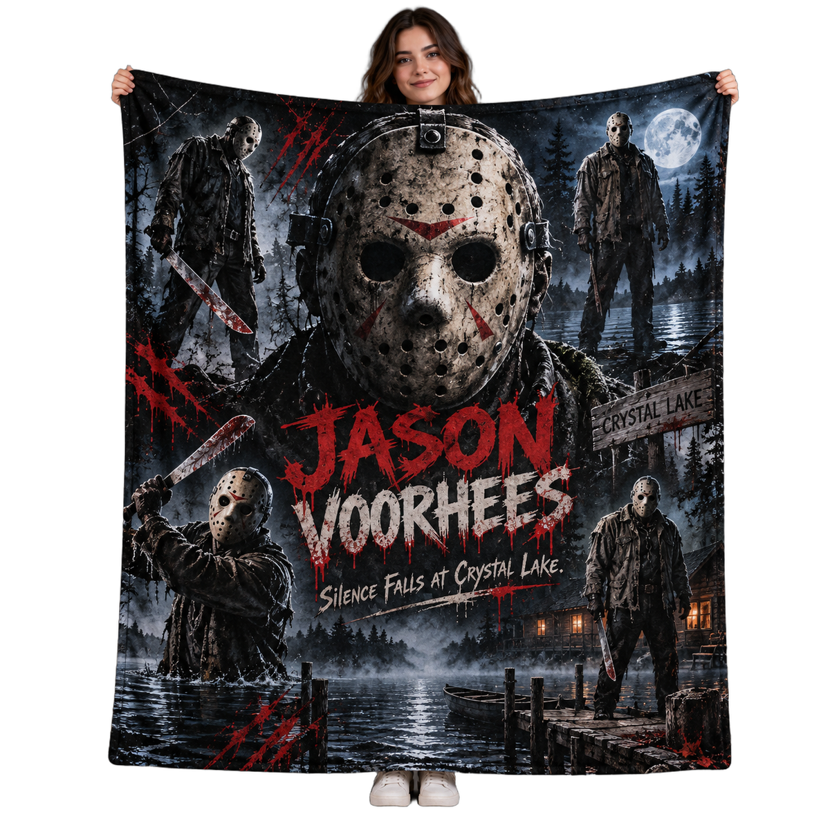 Jason Voorhees Hockey Mask And Dark Collage Fleece Blanket For Campground Slasher Cinema Fans NDN 1