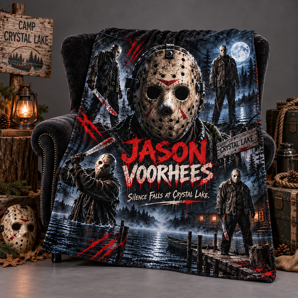Jason Voorhees Hockey Mask And Dark Collage Fleece Blanket For Campground Slasher Cinema Fans NDN 2