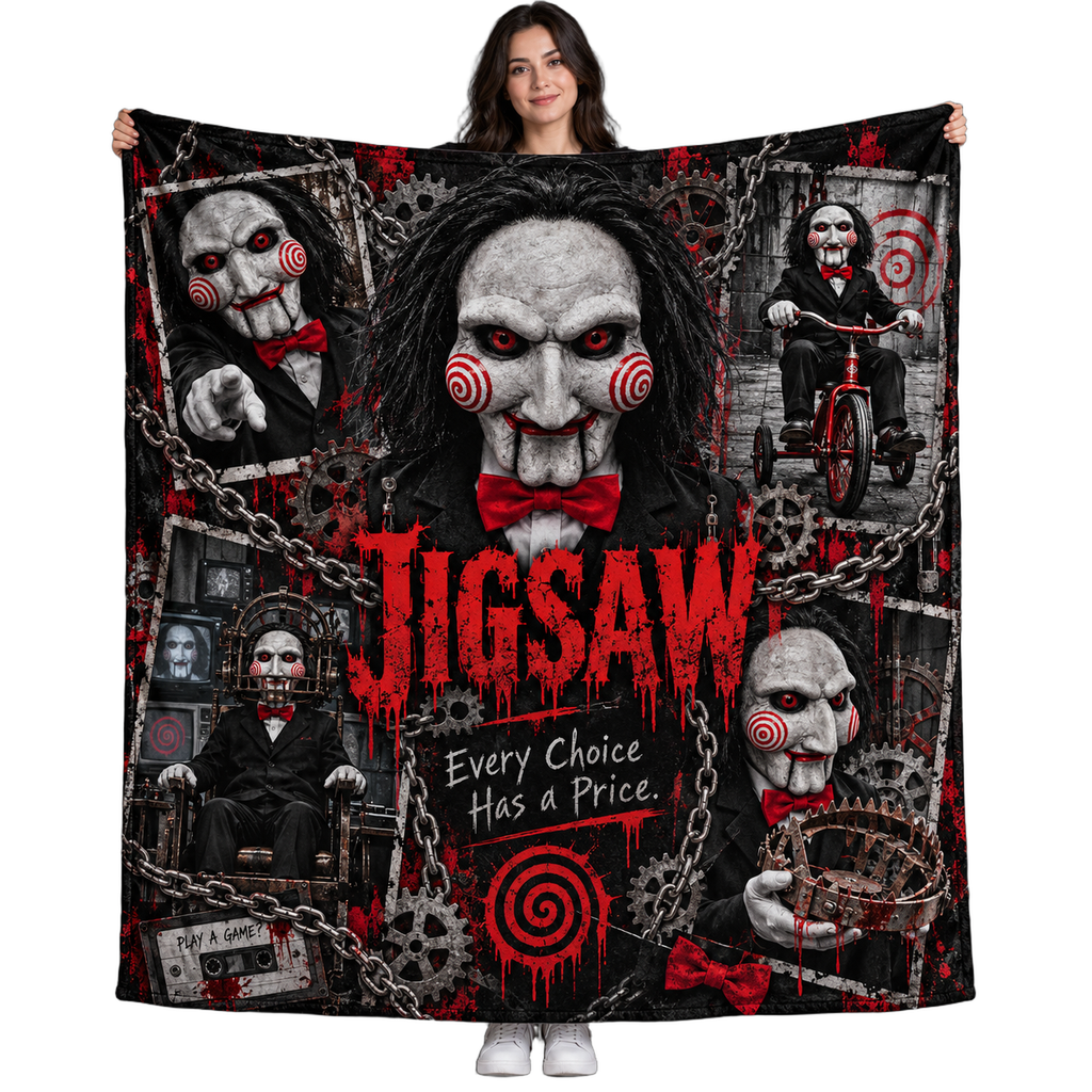 Jigsaw Puppet Portrait And Red Spirals Fleece Blanket For Twisted Horror Movie Marathons NDN 1