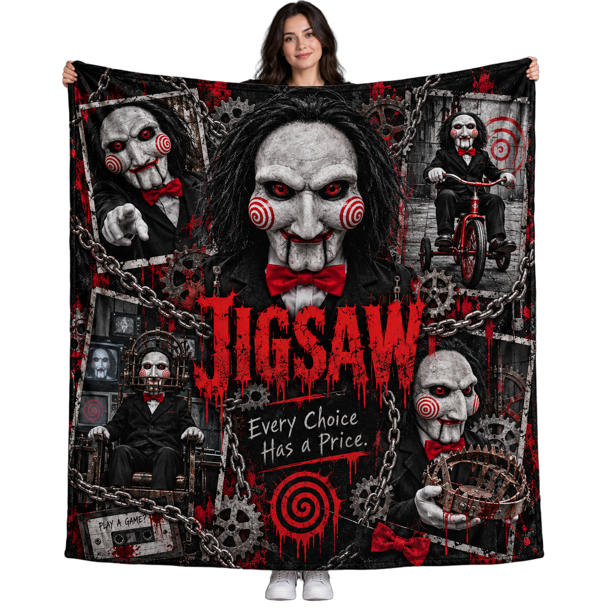 Jigsaw Puppet Portrait And Red Spirals Fleece Blanket For Twisted Horror Movie Marathons NDN 1