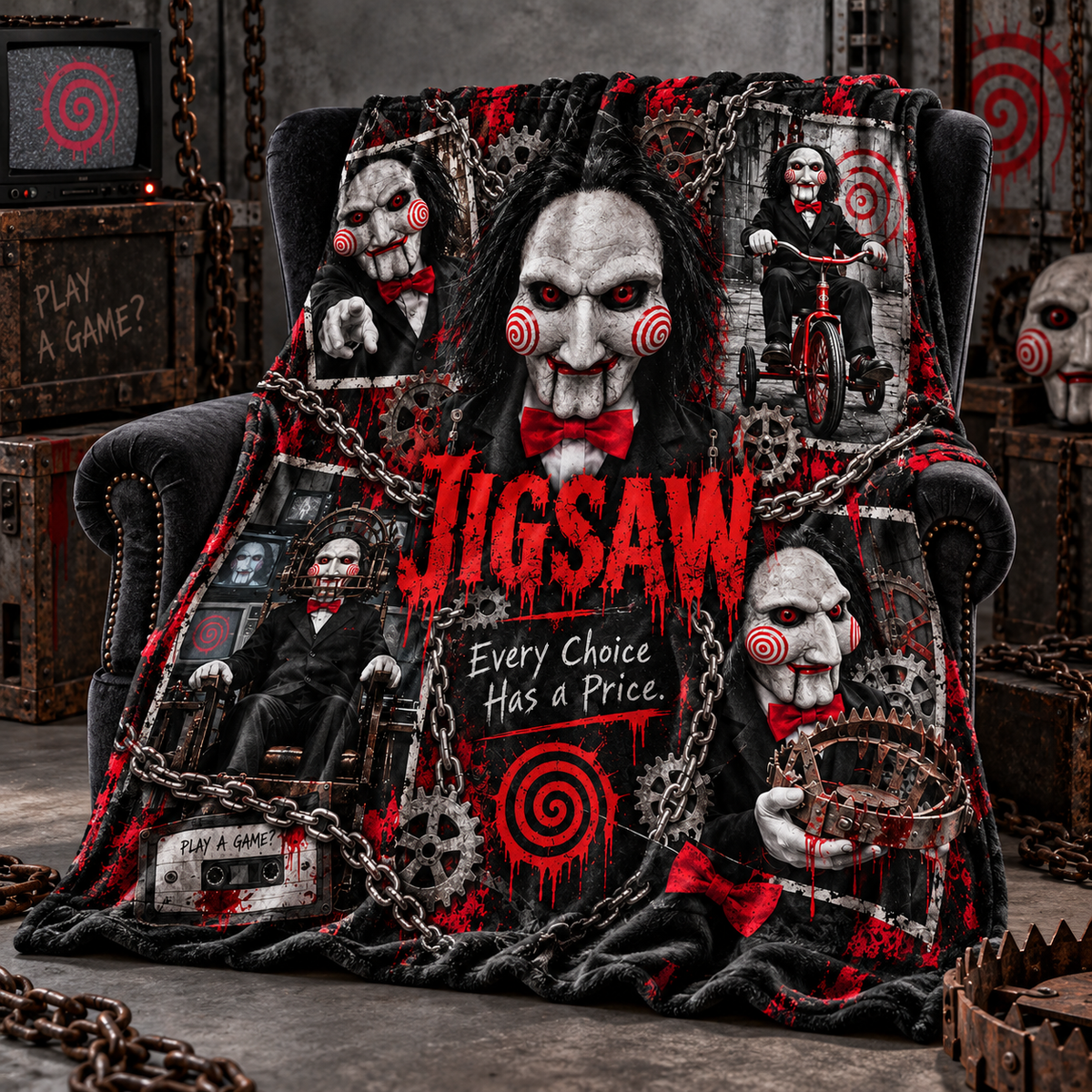 Jigsaw Puppet Portrait And Red Spirals Fleece Blanket For Twisted Horror Movie Marathons NDN 2
