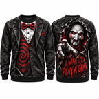 Jigsaw Puppet Red Bowtie I Want To Play A Game Black Sweater for Trap Game Fans NDN 1