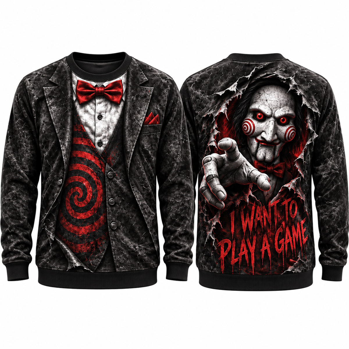 Jigsaw Puppet Red Bowtie I Want To Play A Game Black Sweater for Trap Game Fans NDN 1