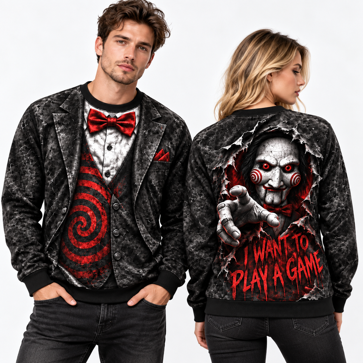 Jigsaw Puppet Red Bowtie I Want To Play A Game Black Sweater for Trap Game Fans NDN 2