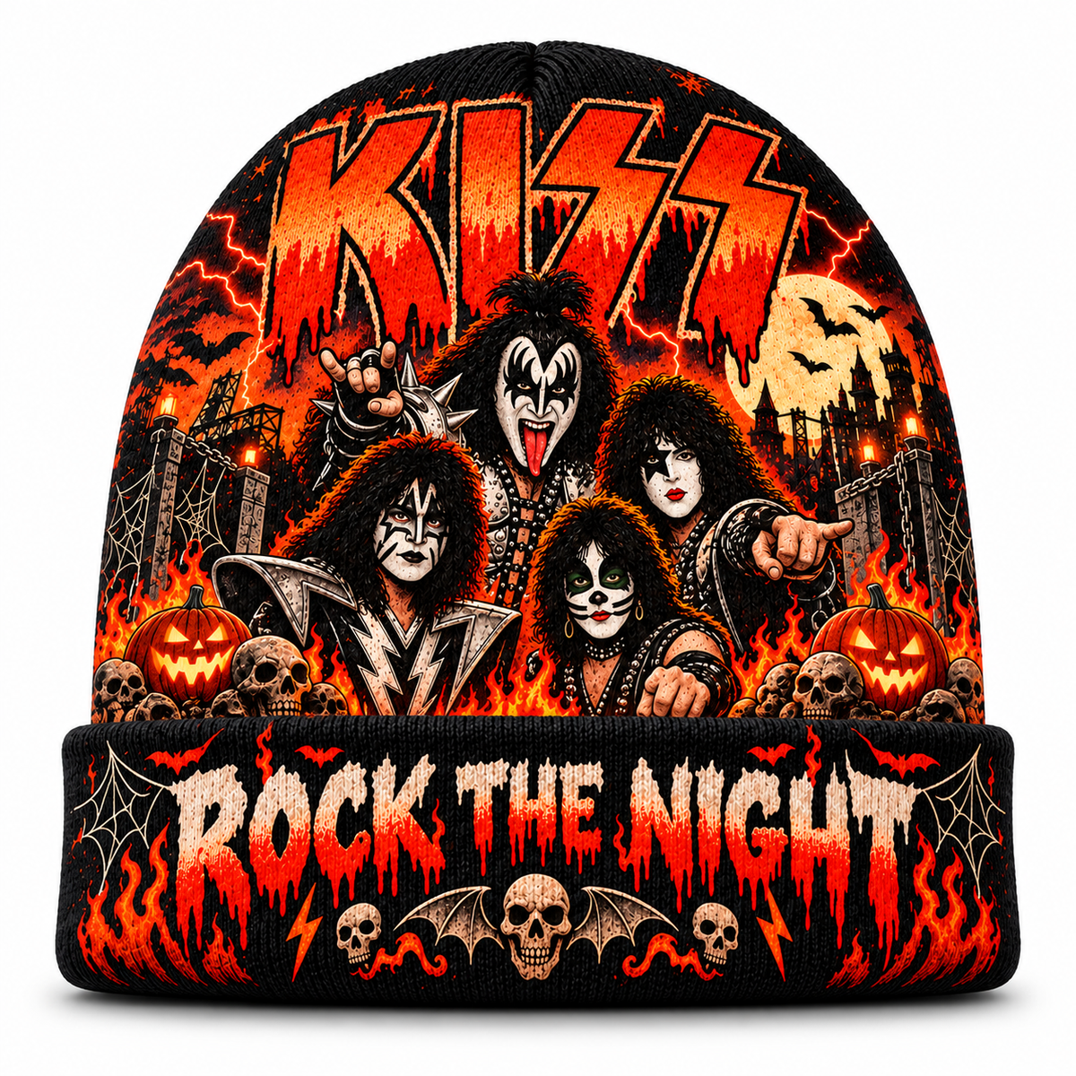 Kiss Face Paint Flames Graphic Print Knit Beanie for Rock The Night Halloween Fans NDN 1