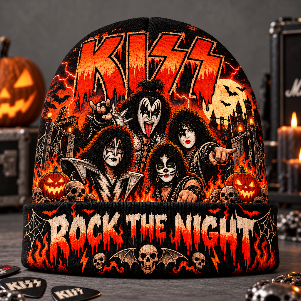 Kiss Face Paint Flames Graphic Print Knit Beanie for Rock The Night Halloween Fans NDN 2