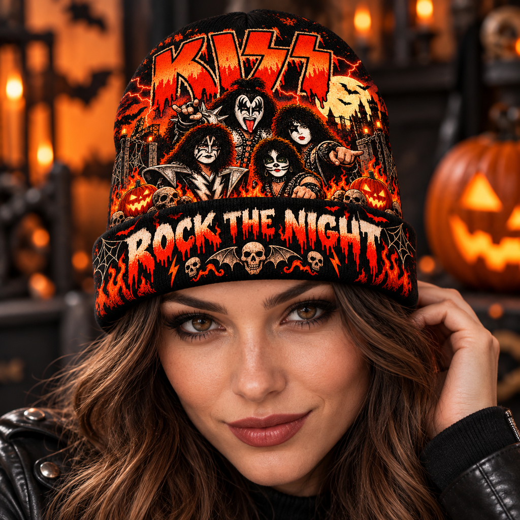 Kiss Face Paint Flames Graphic Print Knit Beanie for Rock The Night Halloween Fans NDN 3